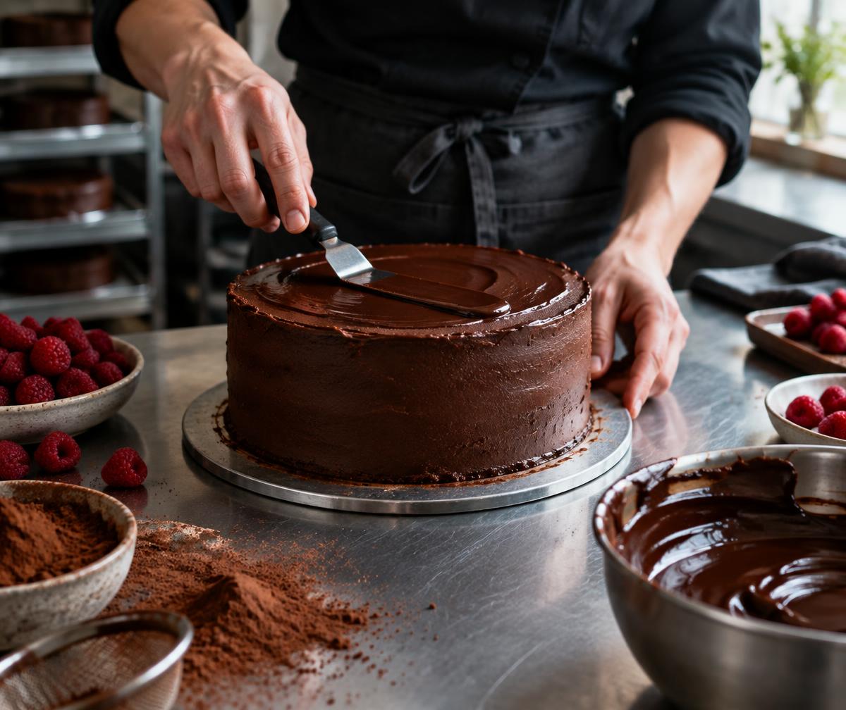 Baker finishing a chocolate cake by hand